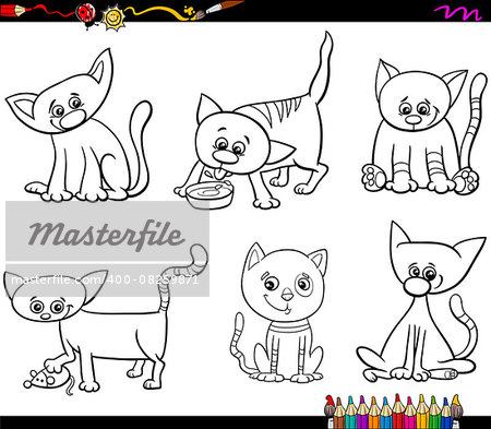 Black and White Cartoon Illustration Cats or Kittens Animal Characters Set for Coloring Book