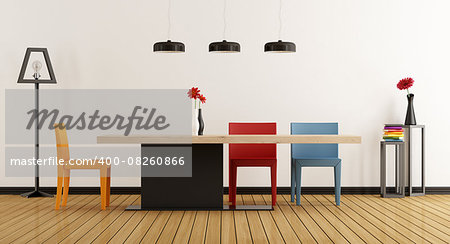 Minimalist dining room with table and colorful chairs - 3D Rendering