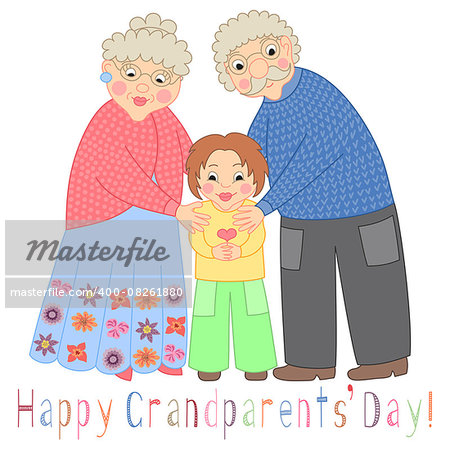 Happy grandparents day card. Poster with cute darling grandmother, grandfather and their grandson, tender embrace, vector illustration