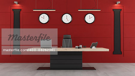 Red and black modern office with desk,chair and shape of classical columns on the wall - 3d Rendering