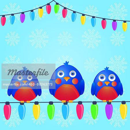 Birds with Seats on Christmas Light Wire. Season Greeting. Vector Illustration.