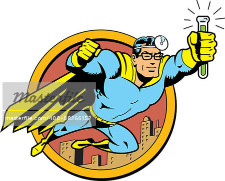 Retro Classic Superhero Doctor Medic Flying Over the City with Glasses and Vial of Cure Serum Antidote
