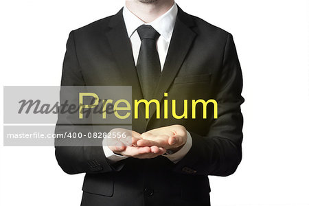businessman in black suit serving gesture hands open premium isolated