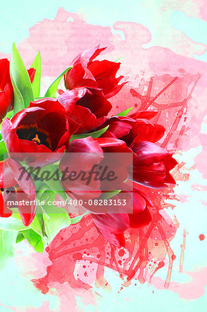 Grunge style background image of tulips with watercolour splatters