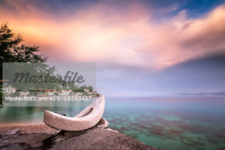 White Boat and Rocky Adriatic Bridge on Omis Riviera, Dalmatia, Croatia