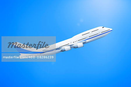 A 3D rendering of a 747 Airplane in the blue sky