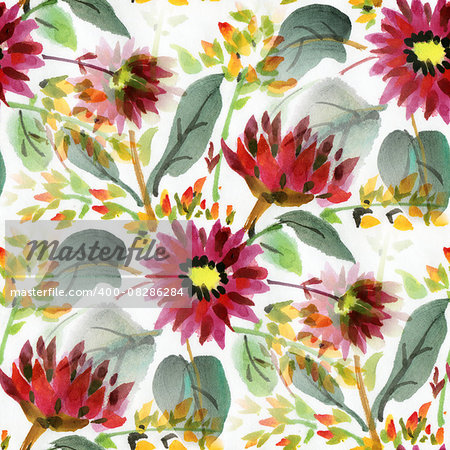 Seamless pattern with watercolor flowers. Red and orange flowers on a white background.