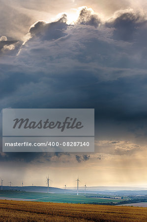Wind generators with clouds near Alzey, Pfalz, Germany