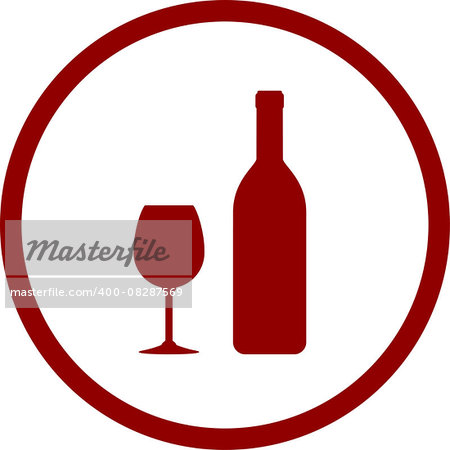 red wine bottle and glass in round frame on white background