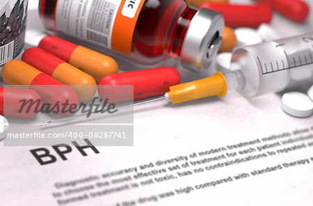 Diagnosis - BPH. Medical Concept with Red Pills, Injections and Syringe. Selective Focus. 3D Render.