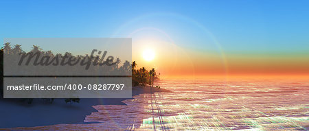 3D render of a palm tree island at sunset in widescreen