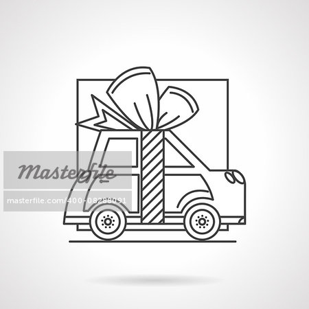 Abstract flat line vector icons of automobile with ribbon and bow for gift or sale. Design element for business and website