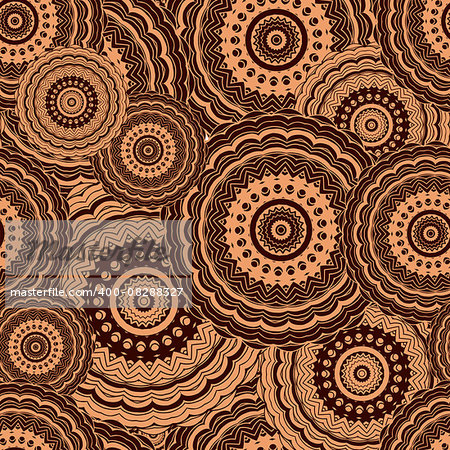 Ornamental seamless pattern, background with many details. Ethnic traditional ornament. Vector illustration in beige and brown colors.