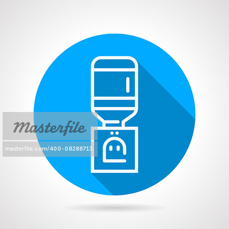 Flat blue round vector icon with white line portable water cooler for office on gray background with long shadows.