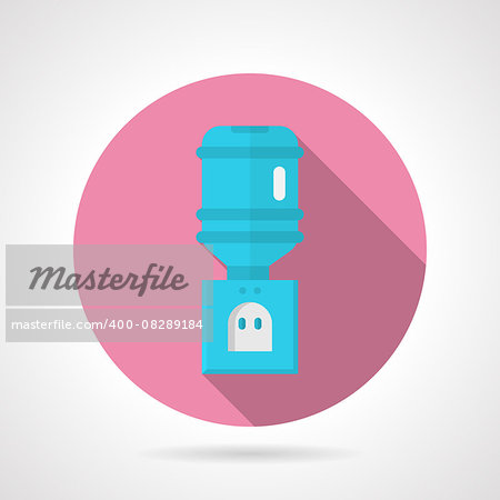 Pink round flat design vector icon for blue electric portable water cooler on gray background. Long shadow design