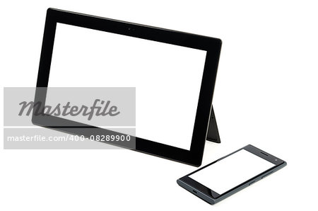 Modern black touch screen tablet with cell phone isolated on white background