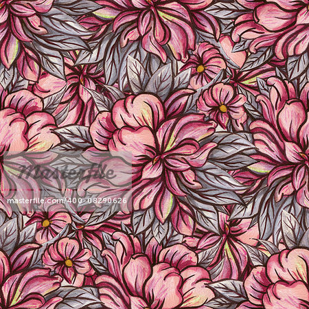 Seamless pattern with red flowers. Drawing ink and watercolor.