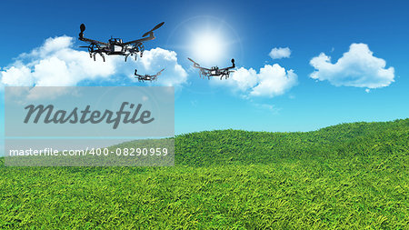 3D landscape of grassy hill with drones flying in a blue sky