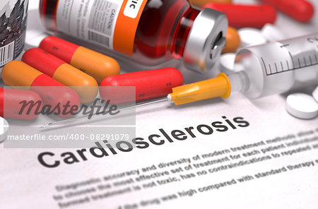Cardiosclerosis - Printed Diagnosis with Blurred Text. On Background of Medicaments Composition - Red Pills, Injections and Syringe.
