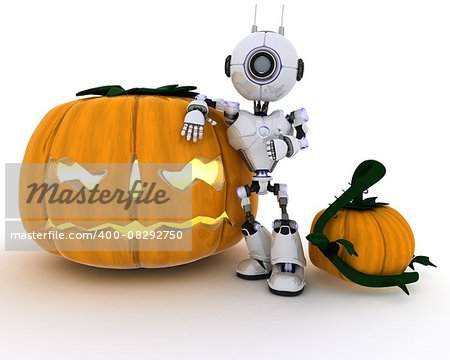 3D render of a Robot with jack-o-lantern