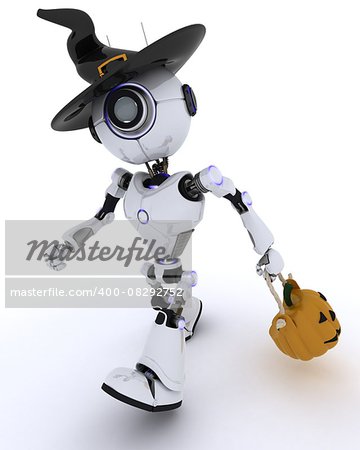 3D render of a Robot with jack-o-lantern