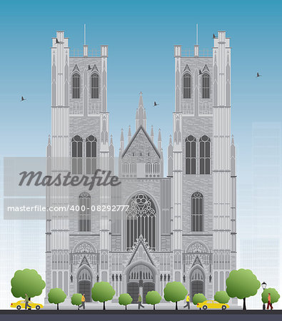 Tall building of the Cathedral of St Michael and St Gudula in the center of Brussels, Belgium. Vector illustration