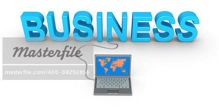 Business word and a laptop is connected to it