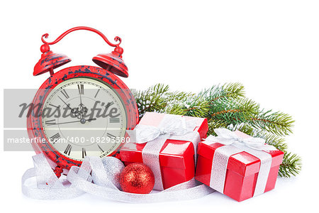 Christmas clock, gift boxes and snow fir tree. Isolated on white background