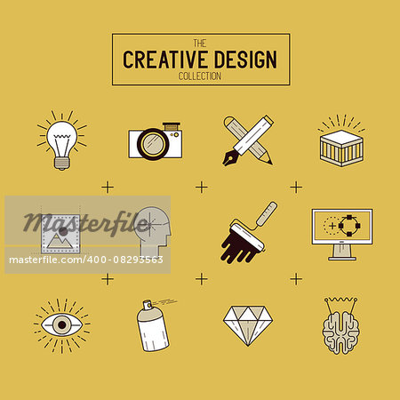 Creative Vector Icon Set. A collection of Gold design themed line icons including art tools, digital design and creative production. Layered Vector illustration.