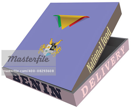 Delivery of the Benin national food in a box with national flag of the country. Vector illustration.