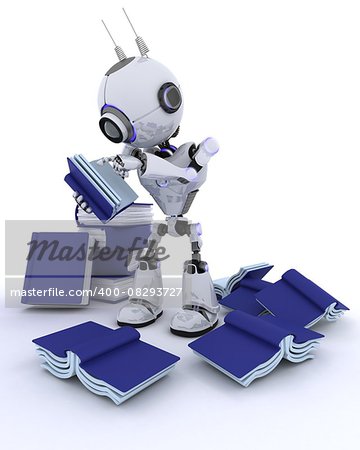 3D Render of an Robot with stack of books