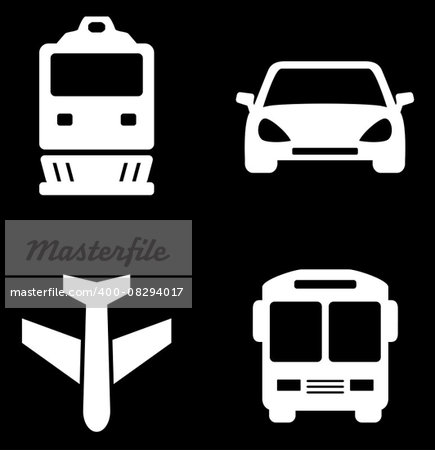 four white transport icons on black background