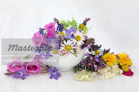 Flower and herb selection used in herbal medicine in a mortar with pestle over white background.
