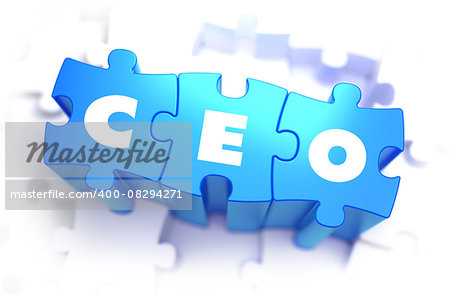 CEO - Chief Executive Officer - White Word on Blue Puzzles on White Background. 3D Illustration.