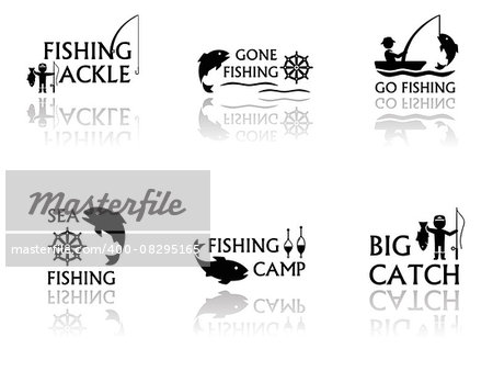 set of black fishing symbols with mirror reflection silhouette