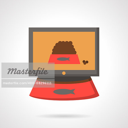 Taking photo with tablet of red bowl full with cat food. Social networks concept. Flat color vector icon. Design elements for site, business or mobile.