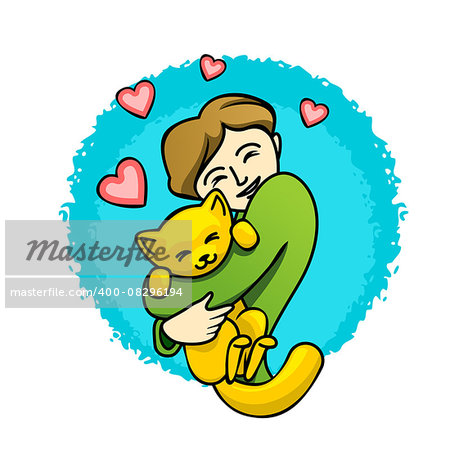 Girl hugs her little cat, vector illustration
