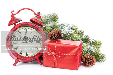 Christmas clock, gift box and snow fir tree. Isolated on white background