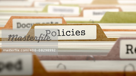 Policies Concept. Colored Document Folders Sorted for Catalog. Closeup View. Selective Focus.