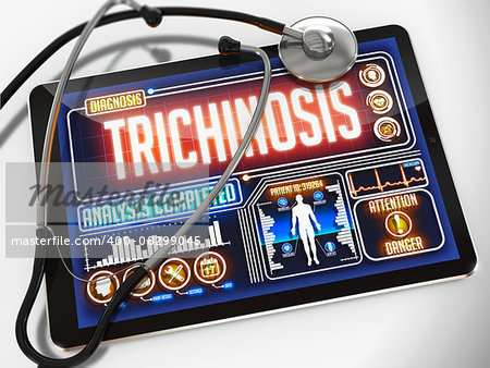 Trichinosis - Diagnosis on the Display of Medical Tablet and a Black Stethoscope on White Background.