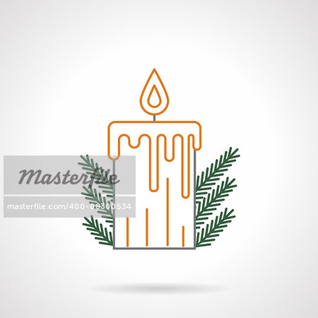 Yellow flat line style xmas candle with flame and green fir branches decor. Flat line vector icon. Buttons and design elements for website, mobile app, business.