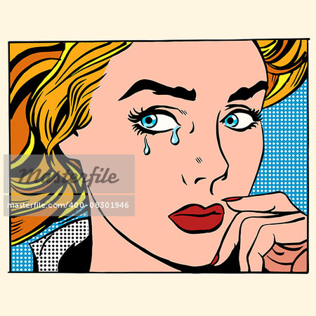 Girl crying woman face. Pop art retro style. Caucasian people coarsely face image. Human emotions