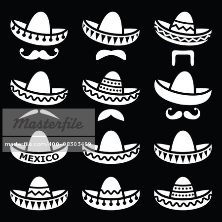 Vector icons set of Sombrero isolated on black background