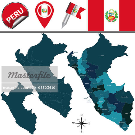 Vector map of Peru with named divisions and travel icons