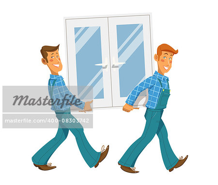 Two mans carry window. Eps10 vector illustration. Isolated on white background