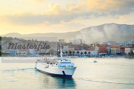 Cruise ship in a Split harbor at dusk. Croatia