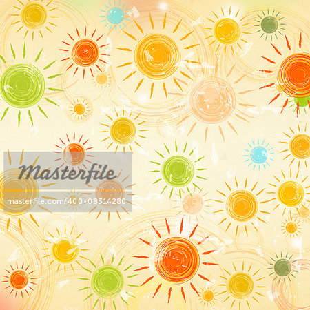 vintage summer background with drawn motley suns over old paper