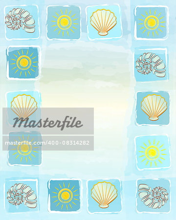 abstract blue frame summer background with drawn yellow suns, shells and scallops in squares