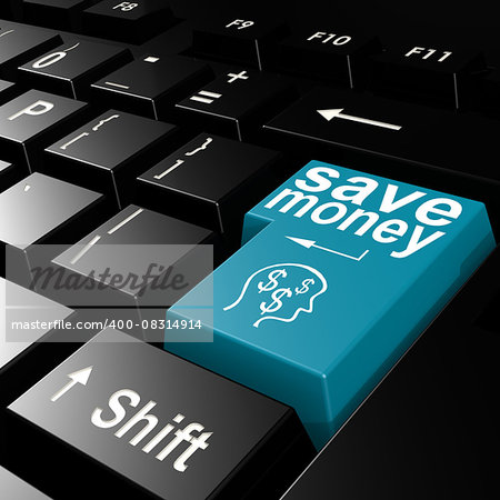 Save money word on the blue enter keyboard image with hi-res rendered artwork that could be used for any graphic design.