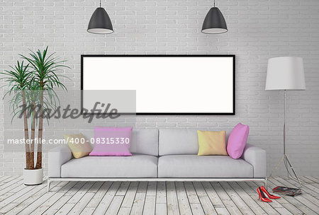 Mock up blank poster on the wall with lamp and sofa, 3D illustration background.